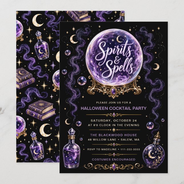Spirits & Spells Halloween Cocktail Party Inbjudningar (Fram/baksida)