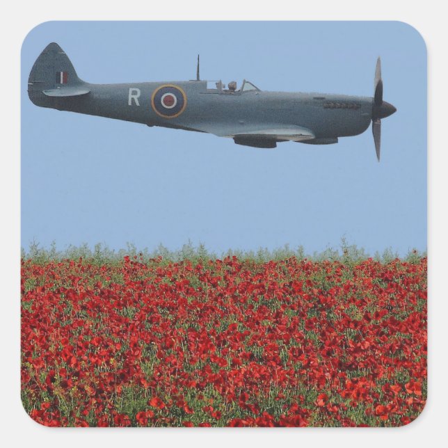 Spitfire och Poppies Fyrkantigt Klistermärke (Framsida)