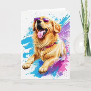 Splash Art Golden Retriever Med Solglasögon Blank Kort