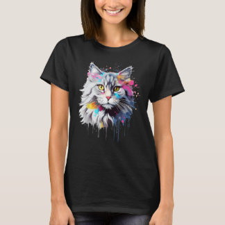 Splash Art Siberian Cat Face Colorful T Shirt