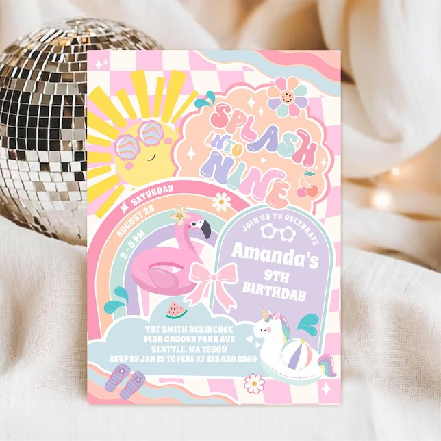 Splash Into Nine Pool Party Rainbow 9th Birthday  Inbjudningar (Skapare uppladdad)