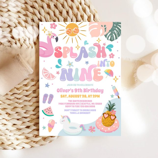 Splash Into Nine Pool Party Summer 9th Birthday Inbjudningar (Skapare uppladdad)