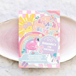 Splash Into Seven Pool Party Rainbow 7th Birthday Inbjudningar