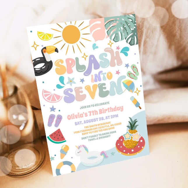Splash Into Seven Pool Party Summer 7th Birthday Inbjudningar (Skapare uppladdad)