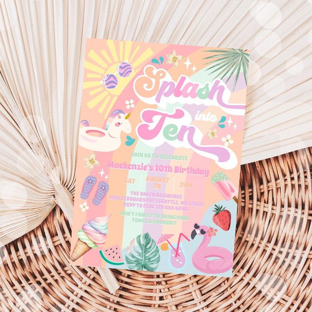 Splash Into Ten Summer Rainbow Sun 10th Birthday  Inbjudningar (Skapare uppladdad)