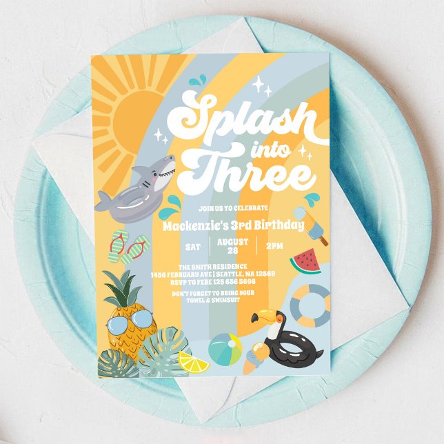 Splash Into Three Summer Rainbow Sun 3rd Birthday  Inbjudningar (Skapare uppladdad)