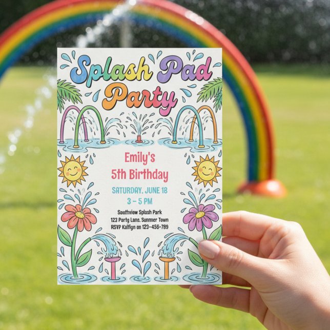 Splash Pad Födelsedagsfest Färgglad Sommar Barn Inbjudningar (Splash Pad Party birthday invitation which you can edit for any age)