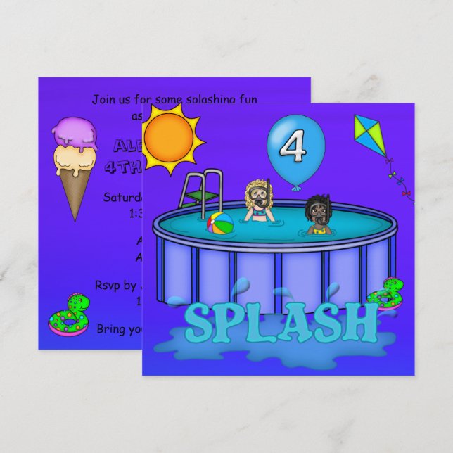 "Splash" Poolparty 4-årsfest Inbjudningar (Fram/baksida)