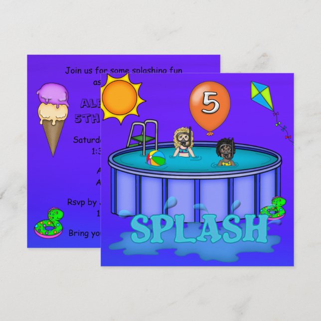 "Splash" Poolparty 5-årsfest Inbjudningar (Fram/baksida)
