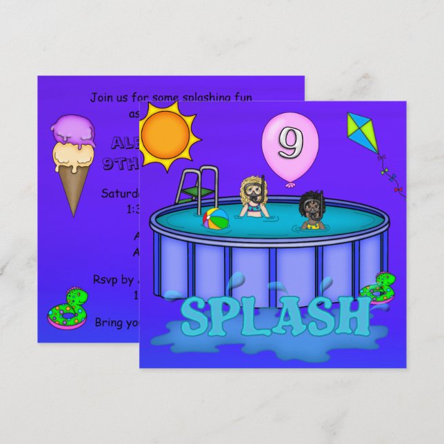"Splash" Poolparty 9-års födelsedag Inbjudningar (Fram/baksida)