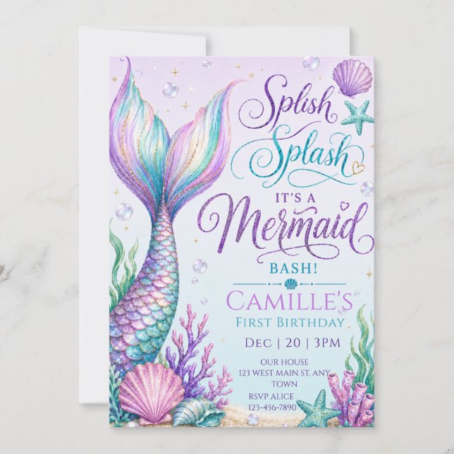 Splash Splash Det är en Mermaid Bash Födelsedag Inbjudningar (Framsida)