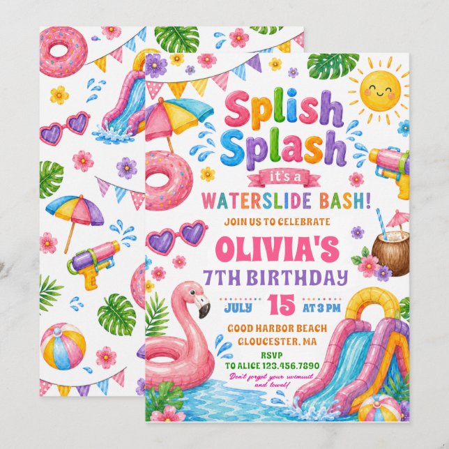 Splash Splash Vattenrutschbana Bash Födelsedag Inbjudningar (Fram/baksida)