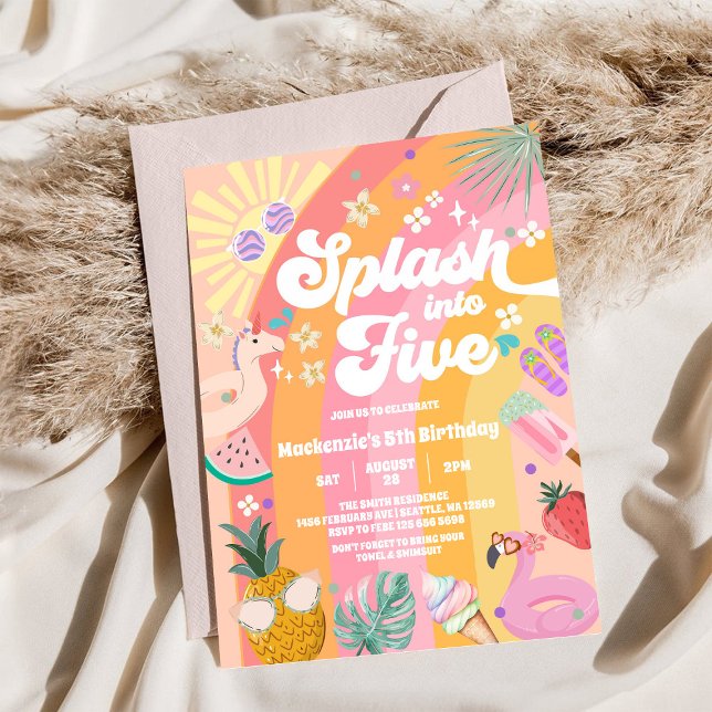 Splasha in i fem sommar regnbåge sol 5-årsfest inbjudningar (Skapare uppladdad)