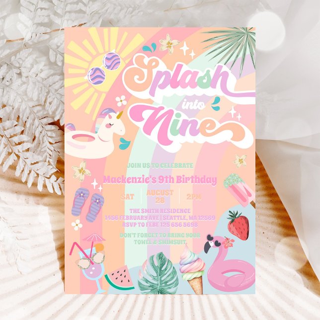 Splasha in i nio sommar regnbåge sol 9-årsdag  inbjudningar (Skapare uppladdad)