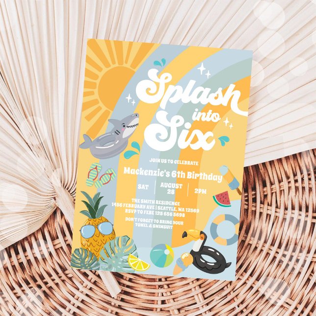 Splasha in i sex sommar regnbåge sol 6-års födelse inbjudningar (Skapare uppladdad)
