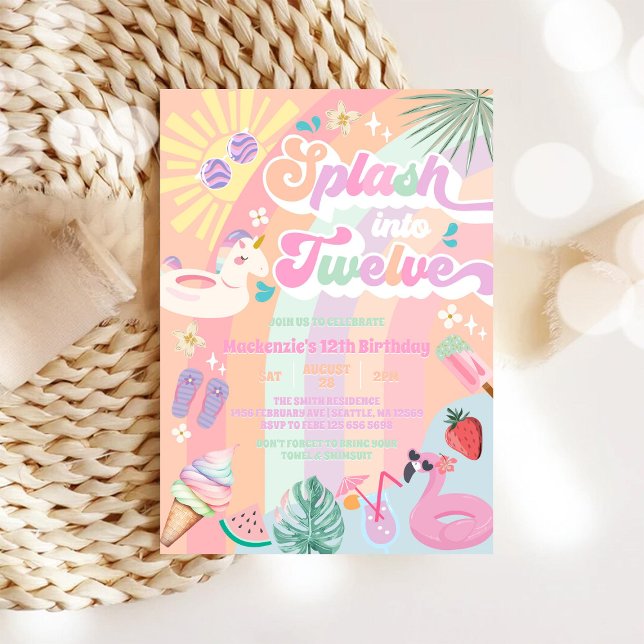 Splasha in i tolv sommarregnbåge sol 12-årsdag inbjudningar (Skapare uppladdad)