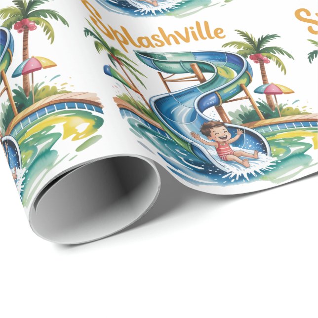 Splashville Vatten Slide Boy Födelsedagsfest Presentpapper (Rullad Hörn)