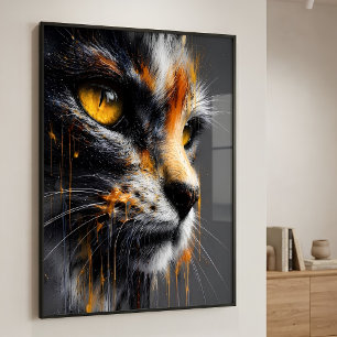 Splatterkonst Kattporträtt Vibrerande Orange & Grå Poster