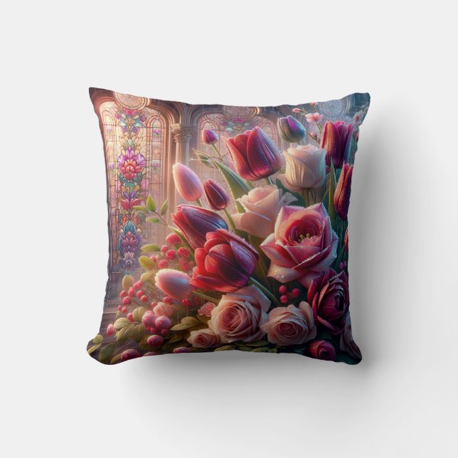 "Splendor av glasskiffer: Dew-Kissed Ro Bouquet" Kudde (Framsida)