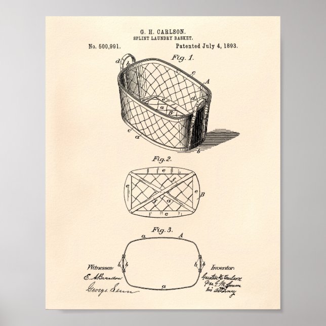 Splint Tvätt Basket 1893 Patent Art Old Peper Poster (Framsidan)