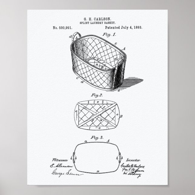 Splint Tvätt Basket 1893 Patent Art White Papper Poster (Framsidan)