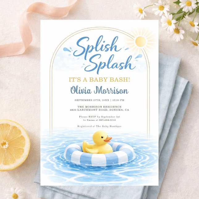 Splish Splash Baby Bash Blå Gul Bebis Bebisfest Inbjudningar (Skapare uppladdad)