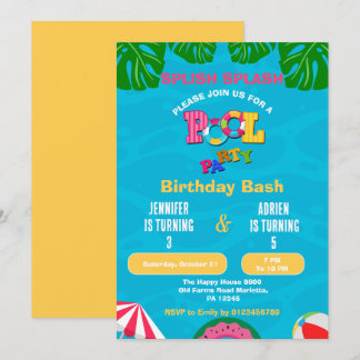 Splish Splash Gemensam Poolparty Födelsedagsfest Inbjudningar