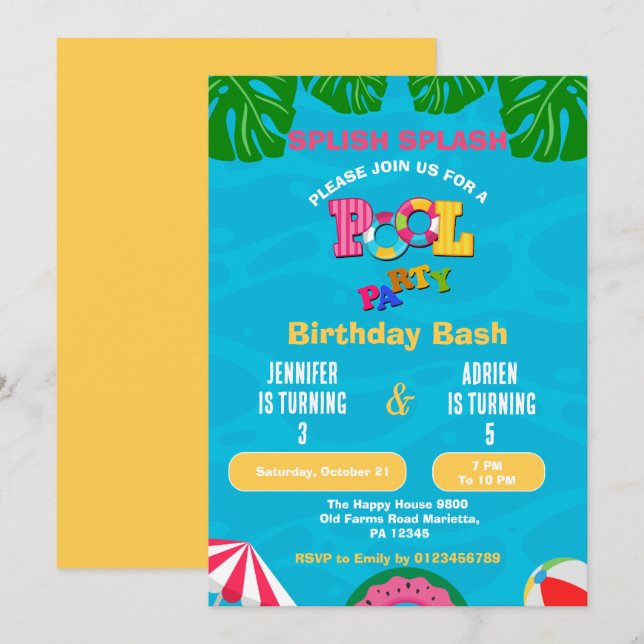 Splish Splash Gemensam Poolparty Födelsedagsfest Inbjudningar (Fram/baksida)