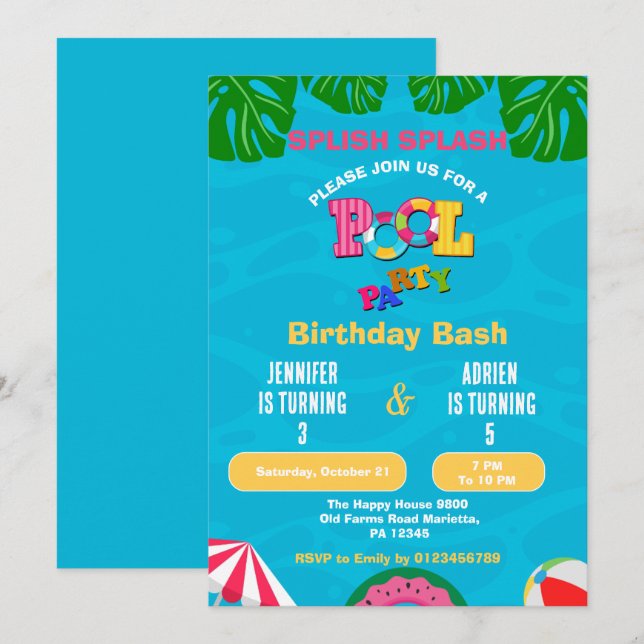 Splish Splash Gemensam Poolparty Födelsedagsfest Inbjudningar (Fram/baksida)