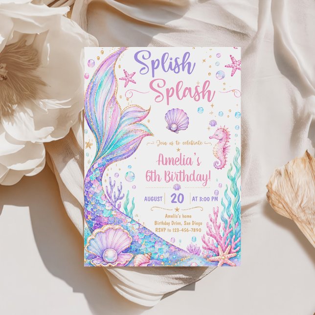 Splish Splash Havfrue 6-års födelsedag Inbjudningar (Skapare uppladdad)