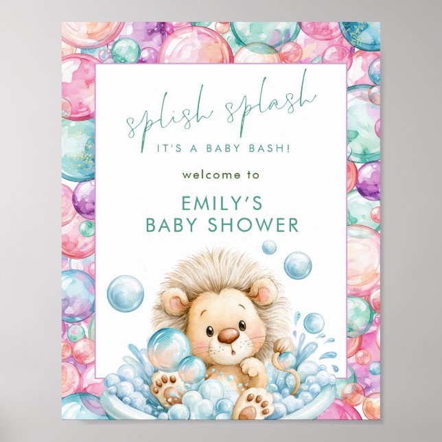 Splish Splash Lejon Utskriftbar Välkommen Baby Sho Poster (Framsidan)