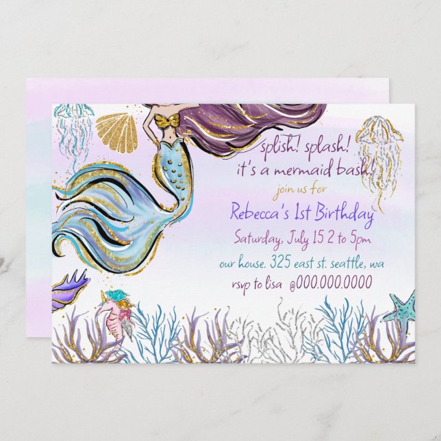 Splish Splash Mermaid Bash Birthday Party Inbjudningar (Fram/baksida)