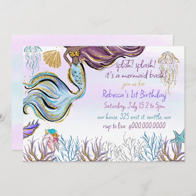 Splish Splash Mermaid Bash Birthday Party Inbjudningar (Fram/baksida)