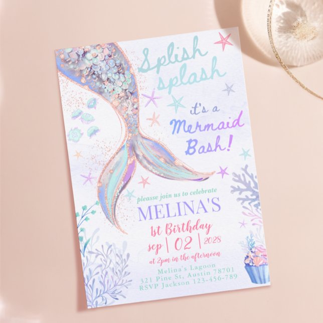 Splish Splash Mermaid Bash Födelsedagsflicka Glitt Inbjudningar (Splish Splash Mermaid Bash Birthday Girl Glitter Invitation)