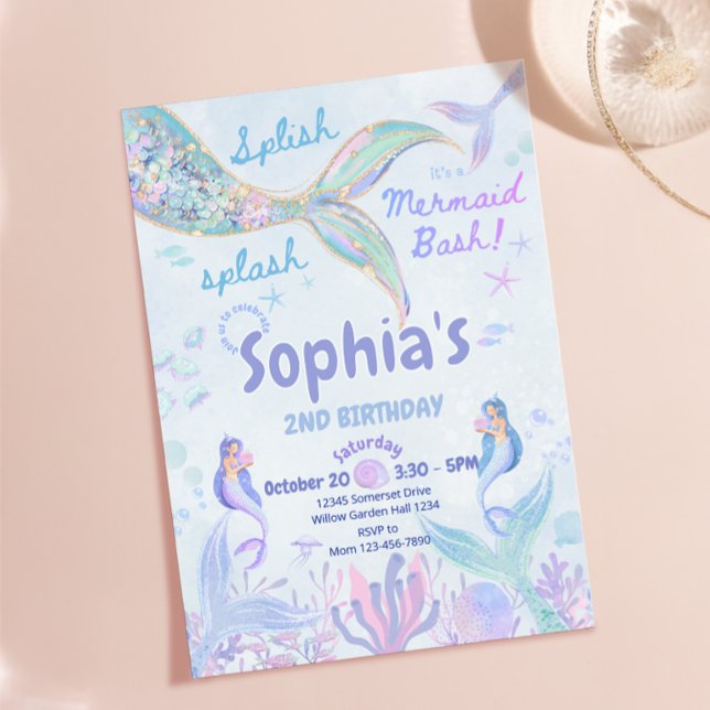Splish Splash Mermaid Bash Födelsedagsinbjudan Inbjudningar (Splish Splash Mermaid Bash Birthday Invitation)