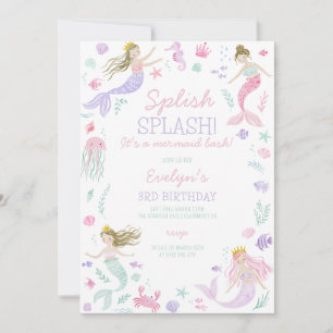 Splish Splash Mermaid Girls Födelsedag Lila Inbjudningar