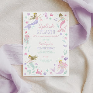 Splish Splash Mermaid Girls Födelsedag Lila Inbjudningar
