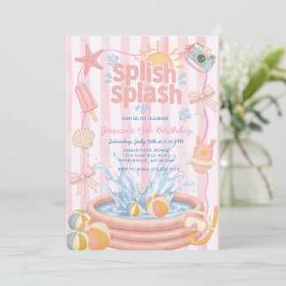 Splish Splash Pool Pink Flickig Födelsedagsfest Inbjudningar