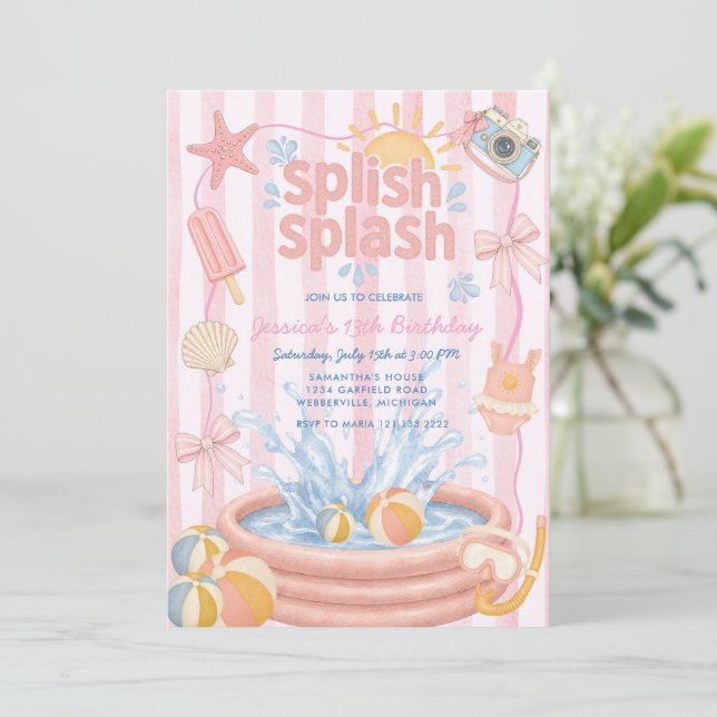 Splish Splash Pool Pink Flickig Födelsedagsfest  Inbjudningar (Stående Fram)