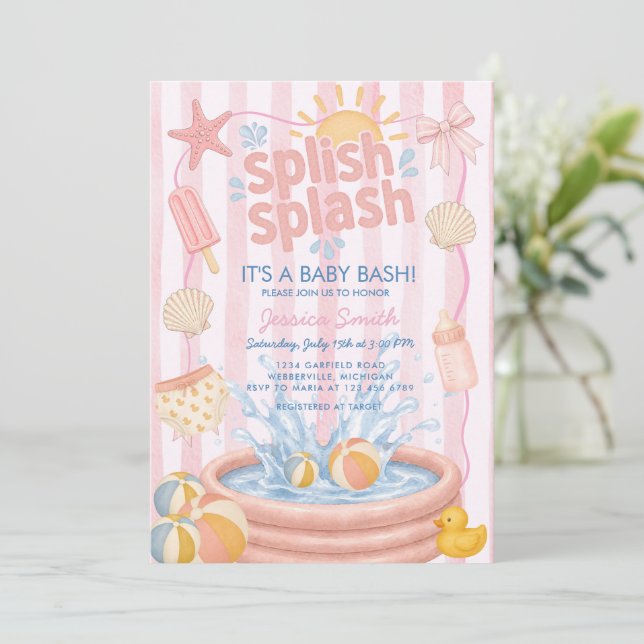 Splish Splash Pool Sommar Rosa Bebis Bebisdopp Inbjudningar (Stående Fram)