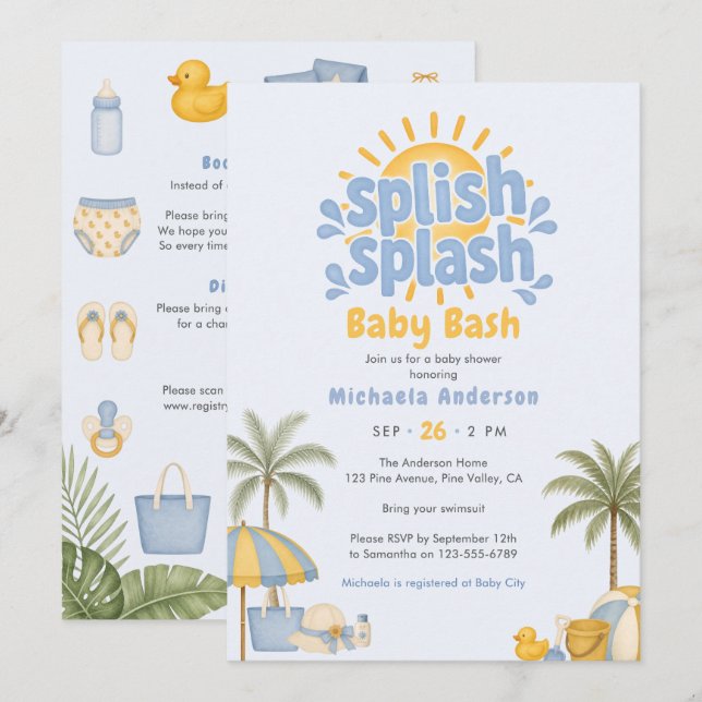 Splish Splash Pool/Strand Allt-i-ett Bebis Shower Inbjudningar (Fram/baksida)