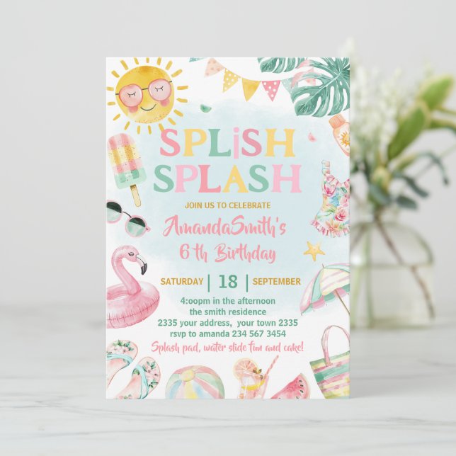 Splish Splash Poolparty Kalas Tjej Rosa Födelsedag Inbjudningar (Stående Fram)