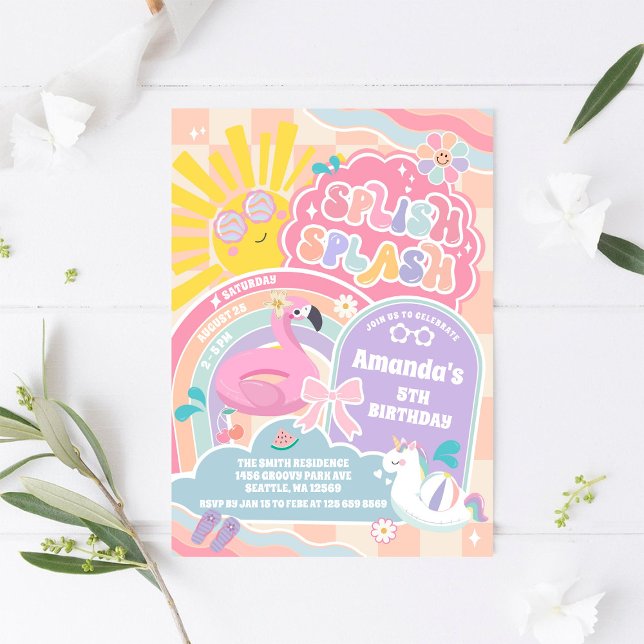 Splish Splash Retro Groovy Daisy Birthday Invitati Inbjudningar (Skapare uppladdad)
