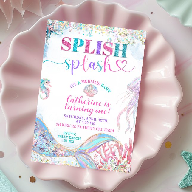 Splish Splash sjöjungfru kalas flicka födelsedagsi Inbjudningar (Skapare uppladdad)