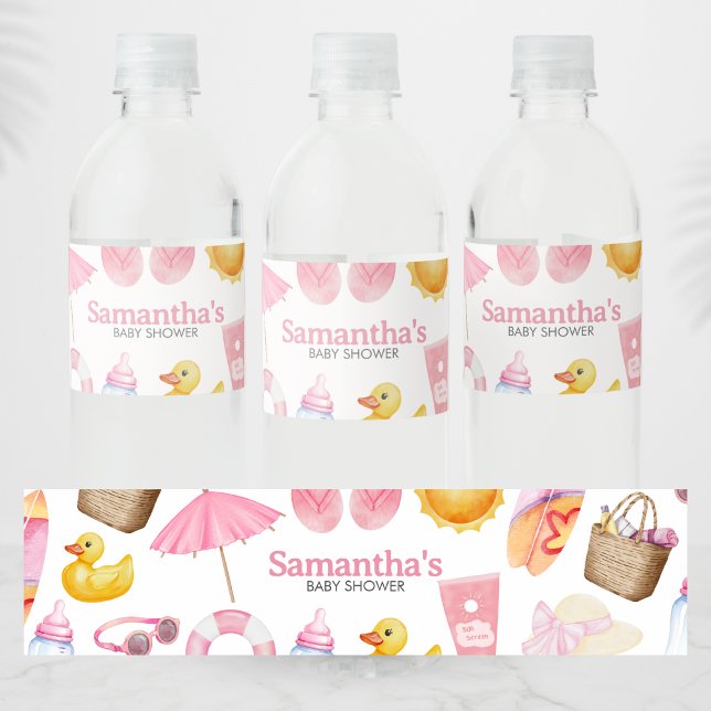 Splish Splash Sommar Babyshower Vattenflaskor Etikett (Pink Splish Splash Baby Shower Water Bottle Label)