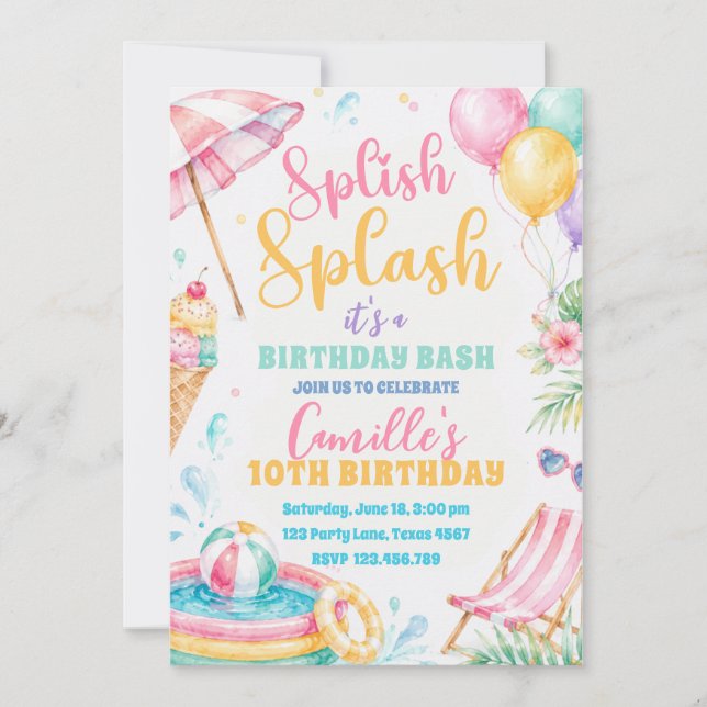 Splish Splash Tjej Summer bash Födelsedag  Inbjudningar (Framsida)
