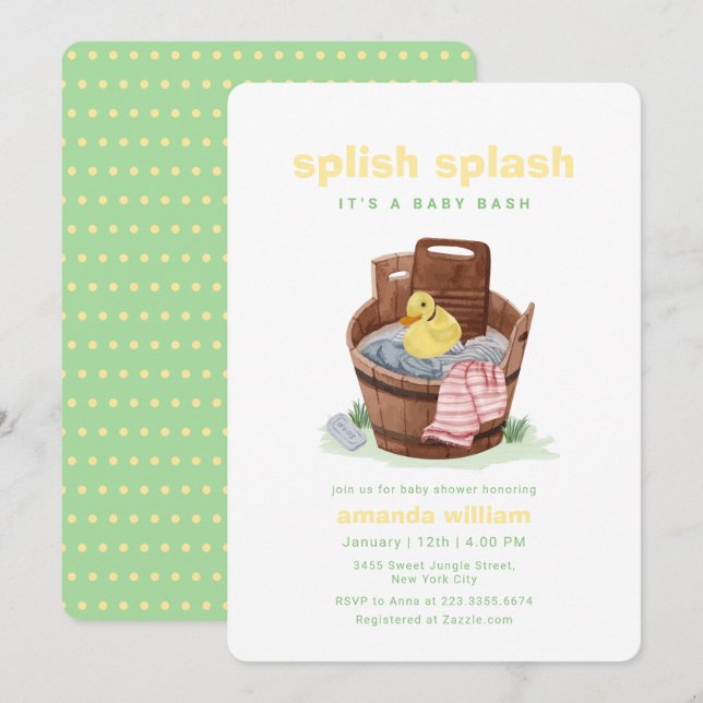 Splish Splash Tyg Badkar Gummiank Baby Shower  Inbjudningar (Fram/baksida)
