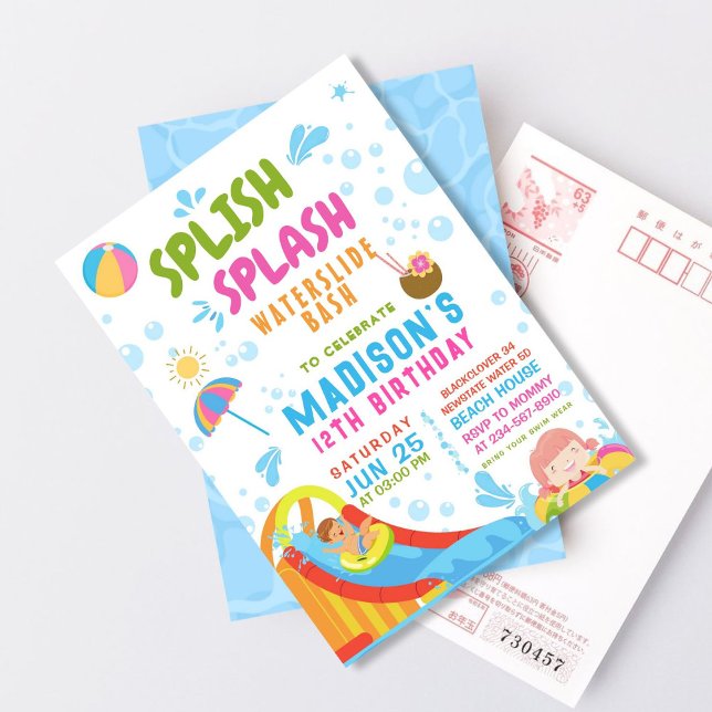 Splish Splash Vattenrutschbana Fest Redigerbar Inb Inbjudningar (Splish Splash Waterslide Party Editable)