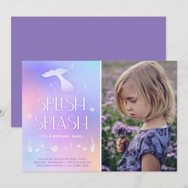 Splish Splash Whimsical Glänsande Sjömermaid Inbju Inbjudningar (Fram/baksida)