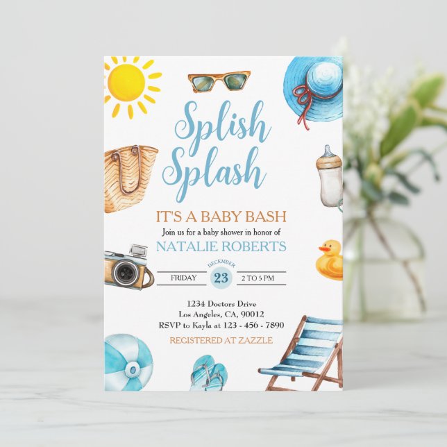 Splish Stänk Blue Beach Summer Boy Shower Inbjudningar (Stående Fram)
